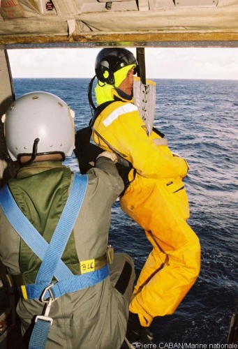 Safety at last. Project Orange crew boards the rescue chopper. © Pierre Caban/Marine Nationale