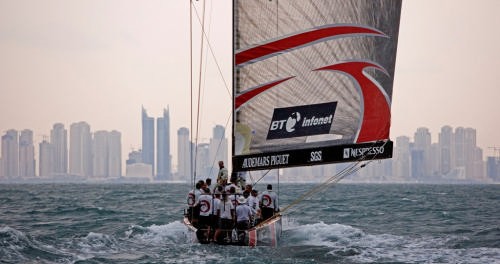 Alinghi Team training in Dubai, SUI-64 with cityscape in the background © Thierry Martinez/Alinghi - Copyright