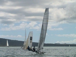 Exonet finds a shift to pass Nice Action Too in Heat 6 - 12ft Skiff Interdominion Selection Trials photo copyright Eddie Markey taken at  and featuring the  class