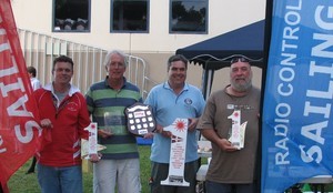 L to r : Paul Derwent (2nd), Graham Brown (Winner), Allan Bicknell (PRO), Pat O'Brien (3rd) - 2009 RC Laser Australian National Championship photo copyright Cliff Bromiley www.radiosail.com.au http://www.radiosail.com.au taken at  and featuring the  class