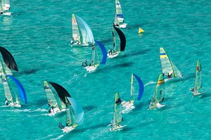 Tight racing at the gate mark - see boat shadows on the bottom - 49er Worlds - Bahamas photo copyright Fried Elliott http://www.friedbits.com taken at  and featuring the  class