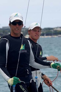 Outteridge / Austin win the Gold medal race - 49er World Championships - Sorrento Sailing Couta Boat Club, Australia photo copyright Teri Dodds http://www.teridodds.com taken at  and featuring the  class