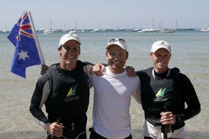 GOLD MEDALLISTS - AUS3 Ben Austin(left), Emmett Lazich (coach) and Nathan Outteridge - 49er World Championships - Sorrento Sailing Couta Boat Club, Australia photo copyright Teri Dodds http://www.teridodds.com taken at  and featuring the  class