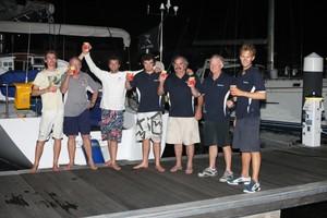 Rapparee Crew at Finish. From Left; Jordan Wilson, Steve Wilson, Conrad Gundry, Dominic Gundry, Simon Gundry, Godfrey Cray, Sam Cray. - ARC Trans Atlantic Race photo copyright Godfrey Cray taken at  and featuring the  class