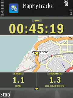 Map My Tracks map screen with time and distance indication - Map My Tracks service screenshots © Simon Wakeman