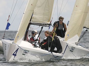 Anne LE BERRE takes victory from Lucy MACGREGOR on the first day of the women's match racing event in Kiel..image by Kieler Woche photo copyright SW taken at  and featuring the  class