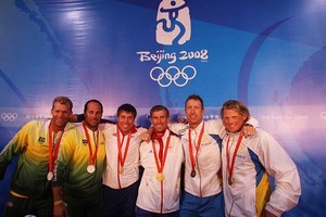 The Star medallists from Qingdao, Star class Robert Scheidt and Bruno  Prada (BRA); Andrew (Bart) Simpson and Iain Percy (GBR); Fredrik Loof and Andres Ekstrom (SWE) photo copyright Ingrid Abery http://www.ingridabery.com taken at  and featuring the  class