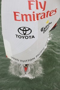 Emirates Team New Zealand trail Alinghi down the first run of the first final of the Louis Vuitton Pacific Series. 13/2/2009 photo copyright Chris Cameron/ETNZ http://www.chriscameron.co.nz taken at  and featuring the  class