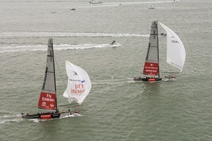 Emirates Team New Zealand have a spinnaker halyard problem on the first run of the first final of the Louis Vuitton Pacific Series against Alinghi. 13/2/2009 photo copyright Chris Cameron/ETNZ http://www.chriscameron.co.nz taken at  and featuring the  class