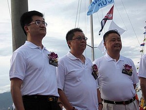 left to right: Ke Gangming, Deputy Director-General of the Executive Authority. Organizing Committee of the 26th Summer Universiade (Shenzhen). Luo Zhaoxing, CEO of Shenzhen Yi Xun Network Co Ltd, David Zhong CEO of China Cup International Regatta Management Co Ltd photo copyright CCIR taken at  and featuring the  class