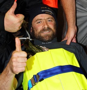 Once safely on board HMAS Arunta, injured French solo yachtsman, Yann Elies, gives a thumbs up to his rescuers on the ship, showing his appreciation to the crew of HMAS Arunta. Photography by Able Seaman Photographer Lincoln Commane.
 photo copyright Commonwealth of Australia taken at  and featuring the  class