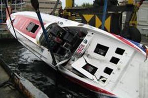 The Sunseeker is raised after its practice incident in France photo copyright Powerboat P1 World Championship http://www.powerboatp1.com taken at  and featuring the  class