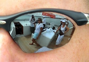 Dawn Riley commentates aboard the BMW Oracle corporate yacht during the Louis Vuitton Pacific Series photo copyright George Layton taken at  and featuring the  class