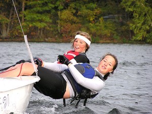 Freshmen Catherine Swanson/Margaret Rew hiking hard. photo copyright Ken Legler taken at  and featuring the  class