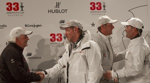 Valencia, 2/14/10
Alinghi5 33rd America&rsquo;s Cup
Day 7 - Race 2
GGYC wins the 33rd America&rsquo;s Cup Match
Brad Butterworth, Larry Ellison, Ernesto Bertarelli, Russell Coutts
 photo copyright Carlo Borlenghi/ Alinghi http://www.alinghi.com taken at  and featuring the  class