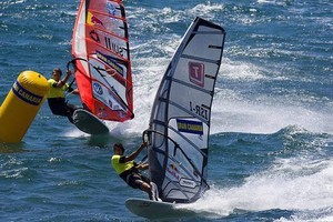 Arnon Dagan fends off Dunkerbeck - 2009 Gran Canaria PWA Grand Slam - Day 4 
 photo copyright  John Carter / PWA http://www.pwaworldtour.com taken at  and featuring the  class
