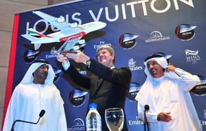 Saeed Harib – CEO Dubai International Marine Club - looks on as HH Sheikh Ahmed bin Saeed Al-Maktoum, Chairman and Chief Executive, Emirates Airline and Group, and Chairman Dubai International Marine Club, presents a gift to Yves Carcelle - Chairman and CEO Louis Vuitton. photo copyright Louis Vuitton Trophy www.louisvuittontrophy.com taken at  and featuring the  class