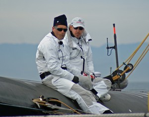 Russell and Larry have a chat while USA-17 canters around before the practice session -  Practice Day, 2010 America’s Cup photo copyright Richard Gladwell www.photosport.co.nz taken at  and featuring the  class