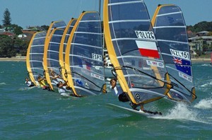 Seconds after the start. Przemyslaw Miarczy has a good start to leeward, JP Tobin has got dropped, and Tom Ashley is just visible in the points leader&rsquo;s yellow jersey - Mens Medal Race - 2008 RS:X World ChmaPrzemyslaw Miarczypionships, Takapuna photo copyright Richard Gladwell www.photosport.co.nz taken at  and featuring the  class