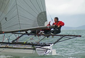 Graeme Catley in good voice, 18fters ANZAC Regatta - 26 April - Race 3 photo copyright Richard Gladwell www.photosport.co.nz taken at  and featuring the  class