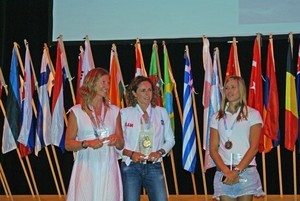 Barbara Kendall (left)(NZL) (Silver), Alessandra Sensini (ITA) Gold and Marina Alabau (ESP) Bronze after the medals were presented at the Prizegiving for the  2008 RS:X Worlds - photo © Richard Gladwell www.photosport.co.nz