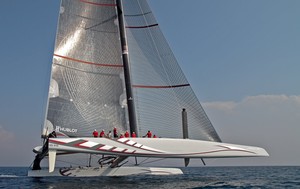 Alinghi 5 sailing with a new longer mast off Ras al-Khaimah, UAE photo copyright Copyright / Alinghi http://www.alinghi.com taken at  and featuring the  class