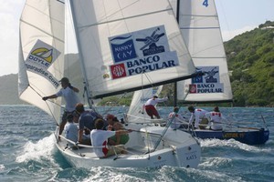 The Canuks (Canada) and Blighties (UK) duke it out on the downwind run. 2008 Nanny Cay Nations Cup photo copyright Racing in Paradise http://www.racinginparadise.com taken at  and featuring the  class