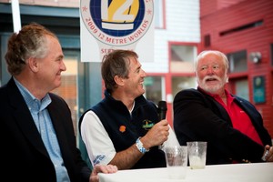 Australia’s Skip Lissiman, a crew on 1983 Cup winner Australia II, is flanked by Andy MacGowan (Middletown, R.I.) and journalist Dick Enerson (Seattle, Wash.) at the Q&A at a Legend’s Forum during the 12 Metre World Championship photo copyright Meghan Sepe taken at  and featuring the  class