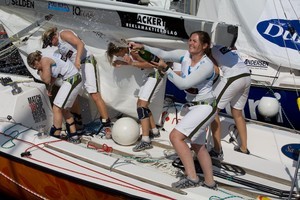 Claire Leroy and crew celebrate at Match Cup Sweden 2008. Image © Dan Ljungsrik photo copyright WMRT http://www.worldmatchracingtour.com taken at  and featuring the  class