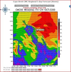Coastal Northland at 2200hrs on Friday night produced from the CMC feed showing 25-30kt northerly winds off Cape Brett photo copyright PredictWind.com www.predictwind.com taken at  and featuring the  class