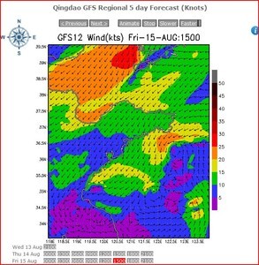 PredictWind - Graphic showing expected wind strength and direction at 40metres for Friday 15 August at 1500hrs for Qingdao photo copyright PredictWind.com www.predictwind.com taken at  and featuring the  class
