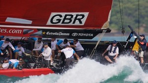 Day 4, 2nd Flight, 4th Race, Team Shosoloza vs TEAMORIGIN, Ben Ainslie helms TEAMORIGIN to Victory. Sir Keith Mills TEAMORIGIN Team Principal (sitting) has the 18th Man Position. photo copyright Ian Roman http://www.ianroman.com taken at  and featuring the  class