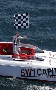 Team SW1 Capital driver Daniel Cramphorn (GBR) and throttle Kim Collins (GBR) celebrate finishing first at round 4 of this years P1 Powerboat World Championships in Istanbul, Turkey.
 photo copyright onEdition http://www.onEdition.com taken at  and featuring the  class