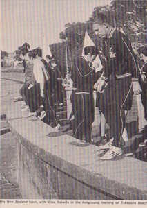 Clive Roberts at a Sunday morning fitness session at Takapuna, for all the NZ team, before the 1970 OK Worlds at Takapuna. photo copyright Sea Spray taken at  and featuring the  class