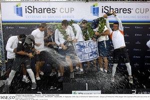 The iShares Cup Amsterdam final podium - Gitana Extreme - Groupe LCF Rothschild, Oman Sail Renaissance and Groupama 40 ©ThMartinez/Sea&Co / OC Events . photo copyright ThMartinez / Sea & Co - Copyright http://www.thmartinez.com taken at  and featuring the  class