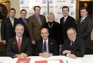 From left to right: back row: US SAILING Olympic Sailing Committee Chairman Dean Brenner, AlphaGraphics Boston owner Carmine Camerato, AlphaGraphics Westport (Conn.) owner Rob Phelps, AlphaGraphics Greenwich (Conn.) owner Karen Brinker, US SAILING Marketing Director Dan Cooney, and US SAILING Marketing Manager Brian Welsh; front row: AlphaGraphics CEO Kevin Cushing, US SAILING Executive Director Charlie Leighton, and Pindar Chairman Andrew Pindar photo copyright Sail-World.com /AUS http://www.sail-world.com taken at  and featuring the  class