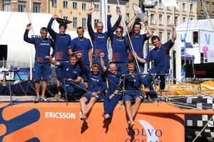Winners of the Volvo Ocean Race 2008-09, Ericsson 4, skippered by Torben Grael (BRA) are presented the Fighting Finish trophy 
 photo copyright Rick Tomlinson/Volvo Ocean Race http://www.volvooceanrace.com taken at  and featuring the  class