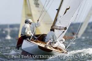 The 6 Metre worlds 2009 in Newport Rhode Island. Thursday 3rd day of racing.
Strong breeze and current met the 6mR World Cup fleet again today, which kept the racing inside Narragansett Bay just north of Gould Island. For the second and third races of the day the course was shortened to 1.2 nm leg. Three races were completed in the Modern Division while the Classics completed two. photo copyright Paul Todd/Outside Images http://www.outsideimages.com taken at  and featuring the  class