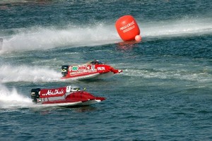 Thani Al Qamzi of Abu Dhabi Team and Fabio Comparato of 800Doctor Team at the race of the UIM F1 Powerboat Grand Prix of China, at the Shenzhen Bay Inner Lake, Shenzhen, China. The second race in China is the 5th leg of the season, October 17-18, 2009. Picture by Vittorio Ubertone/Idea Marketing. photo copyright UIM F1 H2O World Championship http://www.f1boat.com taken at  and featuring the  class