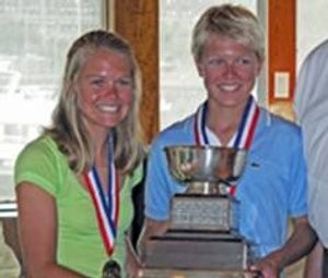 Haley and Korbin Kirk hold the Bemis Trophy after winning the 2008 U.S.Junior Championships for doublehanded Club 420s photo copyright Rick Roberts  taken at  and featuring the  class