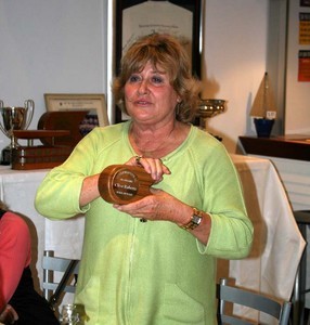 Bev Roberts with Clive&rsquo;s Hall of Fame trophy.  Photo: Peter Menzies photo copyright NZ OK Dinghy Assoc taken at  and featuring the  class
