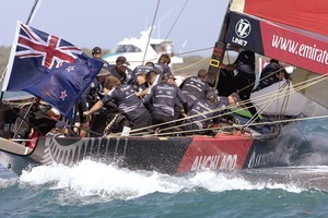 Emirates Team New Zealand chases Damania Italia around the top mark. Louis Vuitton Pacific Series round robin two. 5/2/2009 photo copyright Chris Cameron/ETNZ http://www.chriscameron.co.nz taken at  and featuring the  class