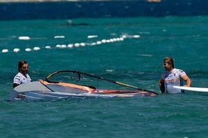 Bjorn Dunkerbeck Antoine Albeau chatting and congratulations - 2008 Pegasus Airlines Alaçati PWA World Cup ­ Final Day photo copyright  John Carter / PWA http://www.pwaworldtour.com taken at  and featuring the  class