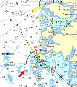 Large scale chart extract with red arrow indicating the rock which Telefonica Blue is believed to have struck photo copyright SW taken at  and featuring the  class
