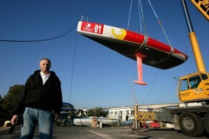 The first of the series was launched on 23rd October, and clearly shows her easily driven lines as she is craned, with designer Jean-Marie Finot in the foreground. photo copyright Jean-Marie Liot - SailingOne www.sailingone.com taken at  and featuring the  class