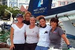 Bermuda's all female crew in the Argo Group Gold Cup,  Skipper Paula Lewin Crews, Lisa Neasham, Peta White, Dianna Mitchell and Leatrice Roman  before they head out for their pre-race practice session (Photo: Charles Anderson) photo copyright Talbot Wilson taken at  and featuring the  class