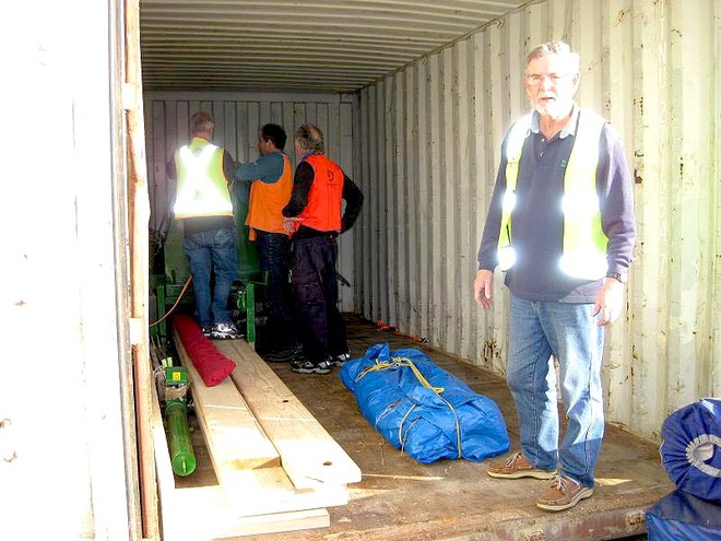 ORCV Commodore George Shaw surveys the (almost) empty container. - Melbourne to Vanuatu ©  John Curnow