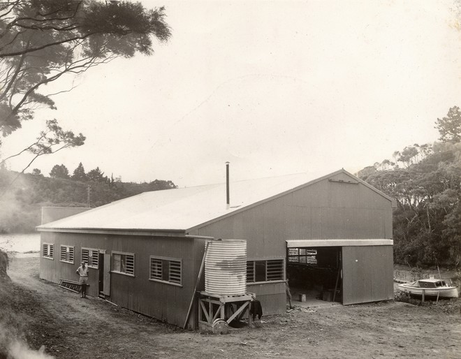 John Salthouse and the original Salthouse Boatbuilders shed on the water’s edge at at Greenhithe © SW