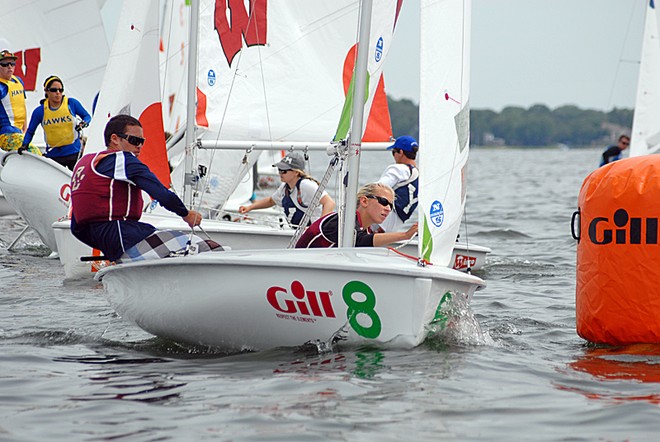 Boston College junior skipper Taylor Canfield (St. Thomas, USVI) with senior crew Sandra Williams (Chicago, Ill.) leads the standings in B-Division © Jan Harley