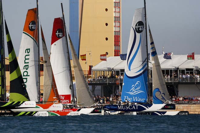 Fleet racing on the final day of the 2010 Extreme Sailing Series™ in Almeria in front of thousands of spectators © Paul Wyeth / OC Events
